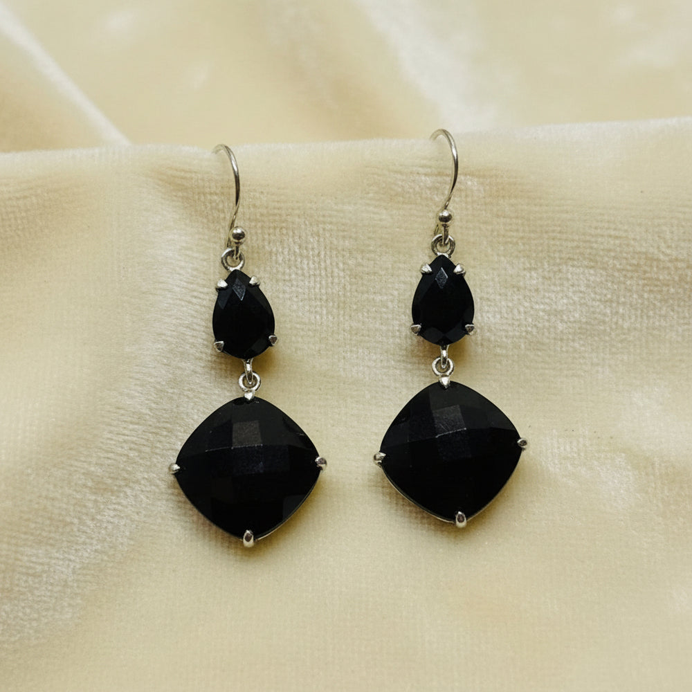 Vintage Black Onyx Sterling Silver Dangling Statement Earrings Jewelry.