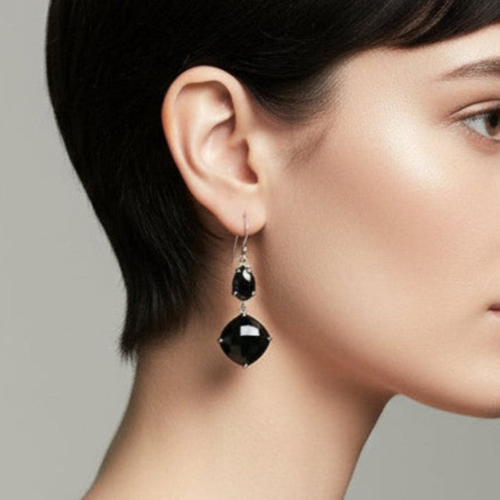 Vintage Black Onyx Sterling Silver Dangling Statement Earrings Jewelry.