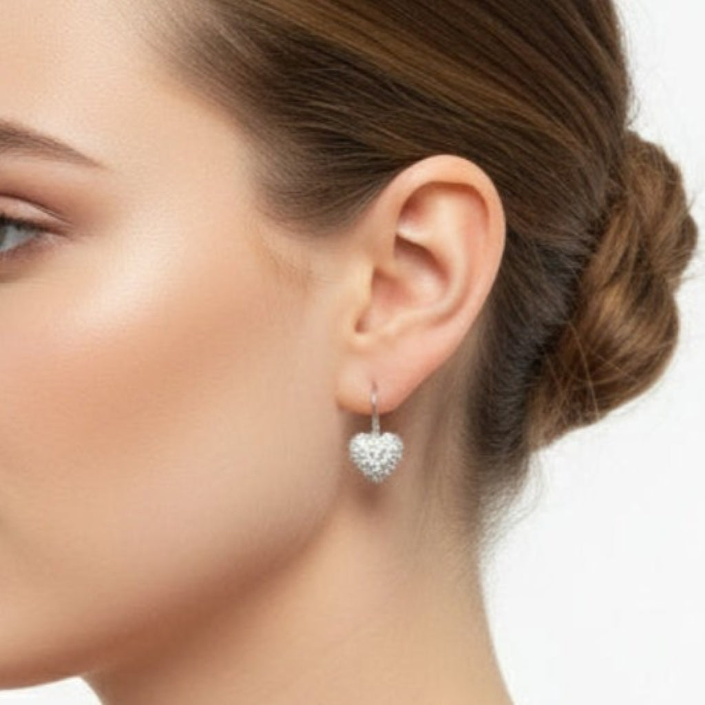 Valentine Gift Vintage Dangling Heart CZ Pierced Fashion Earrings on model.