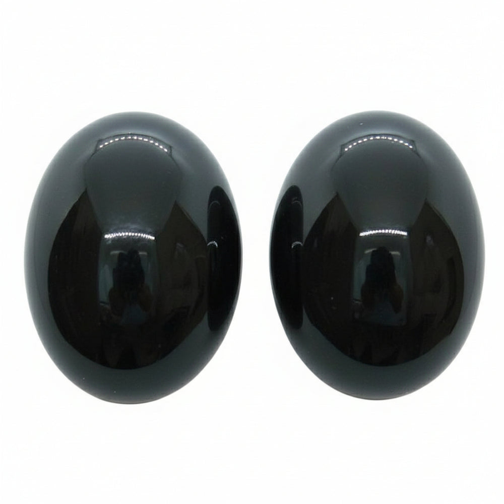  1980s Vintage Big Black Onyx Minimalist Pierced Gemstone Earrings.