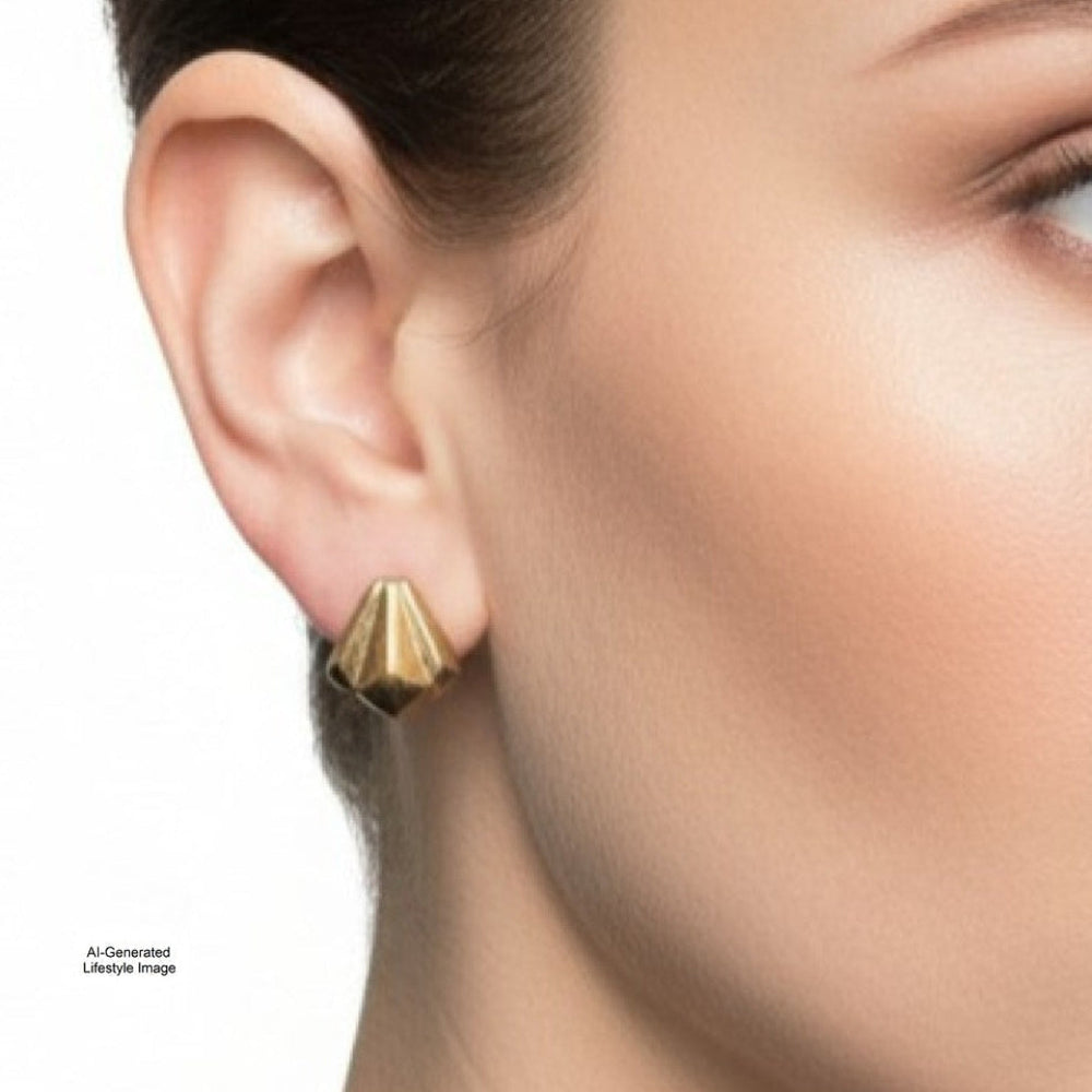1940s Machine Age Earrings - Screwback - Jaycraft worn by a woman a neutral background