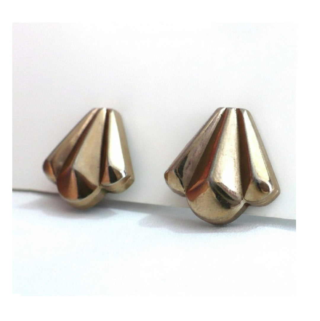 1940s Vintage Machine Age Screw-back Earrings, Art Deco by Jaycraft fronts at a slight angle to show the amazing Art Deco shape. Shown at an angle.