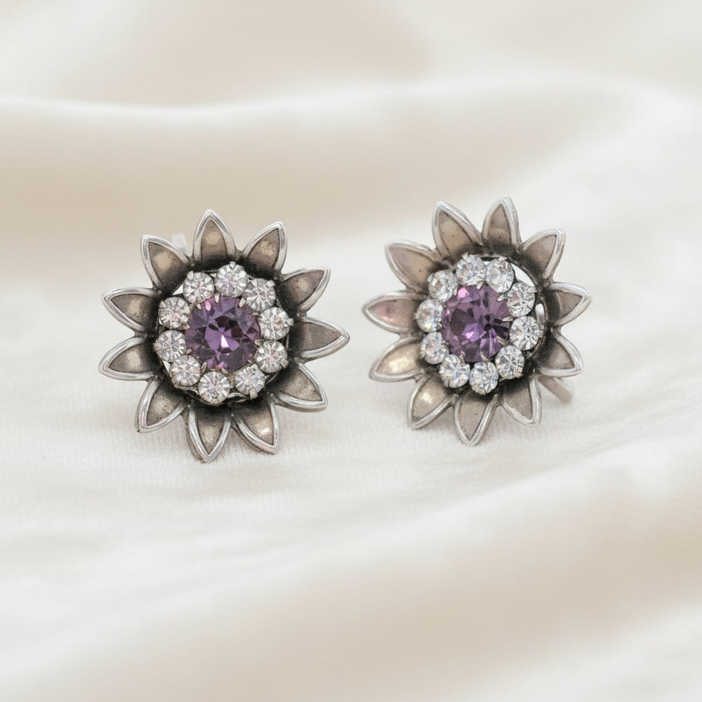 1940 Vintage Sterling Silver Amethyst Screw-back Sunflower Earrings.