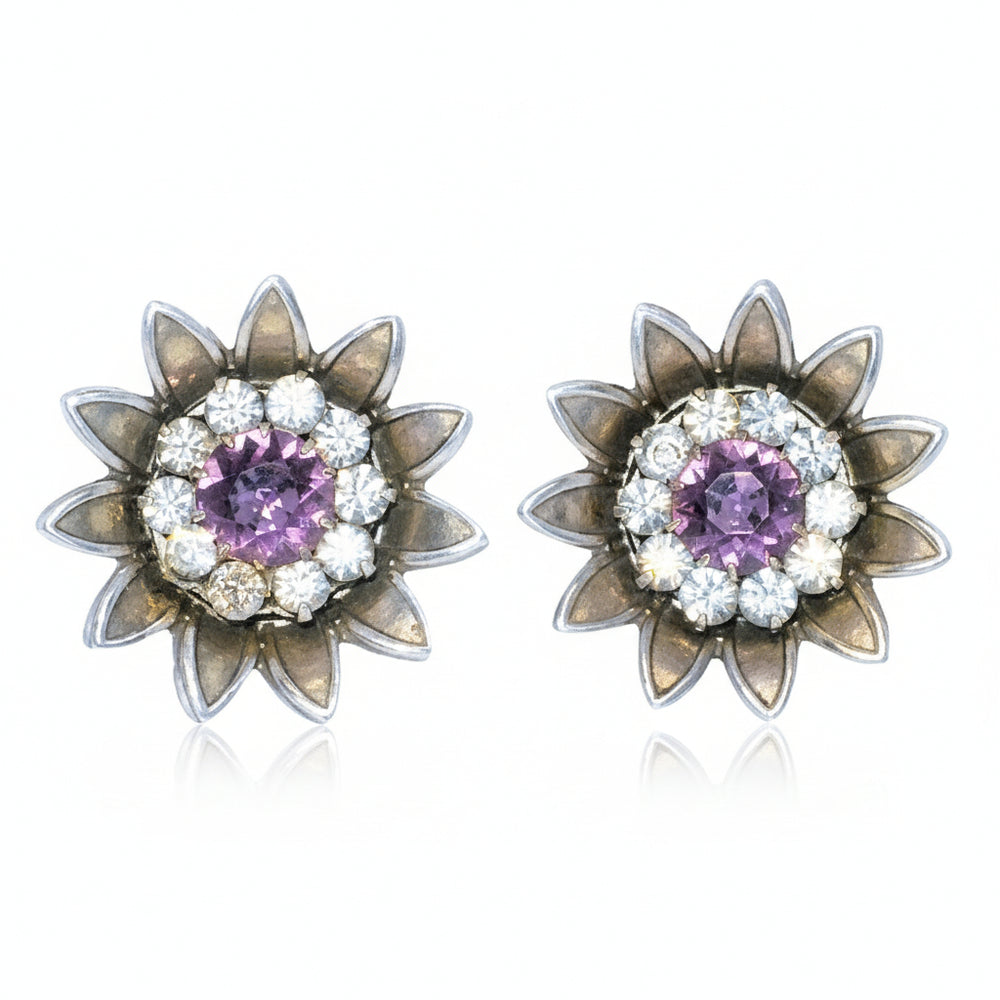 1940 Vintage Sterling Silver Amethyst Screw-back Sunflower Earrings front view.
