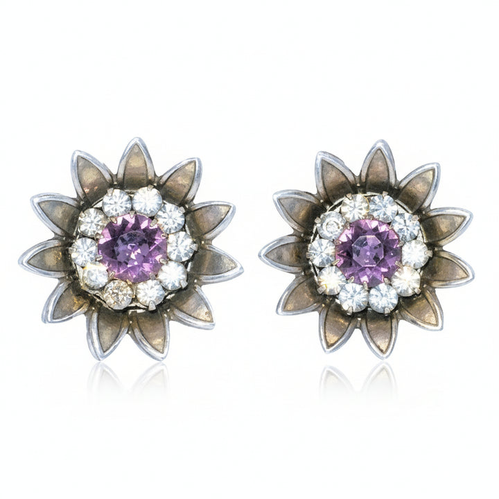 1940 Vintage Sterling Silver Amethyst Screw-back Sunflower Earrings front view.