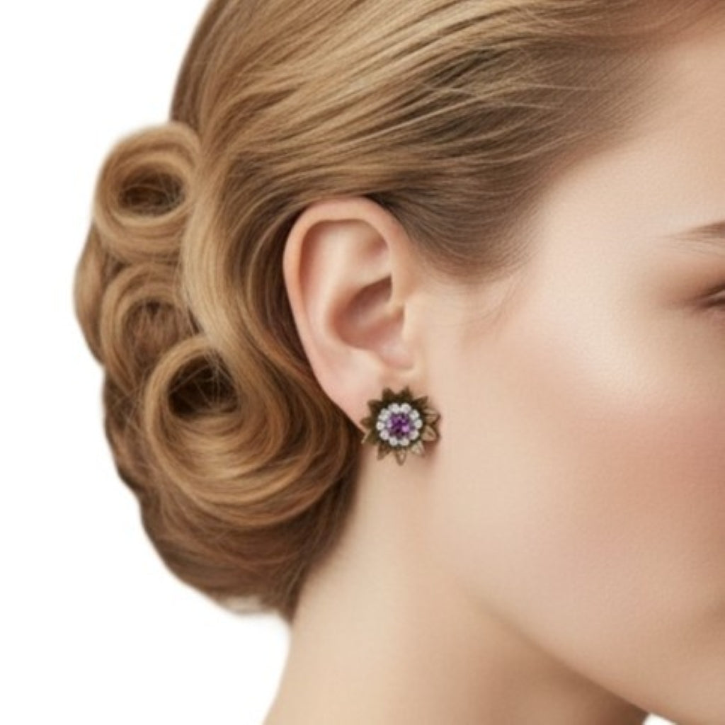 1940 Vintage Sterling Silver Amethyst Screw-back Sunflower Earrings on model.