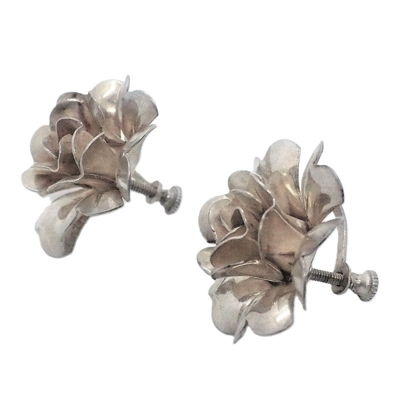 1940s Vintage Sterling Carnation Flower Screw Back, Unpierced Earrings.