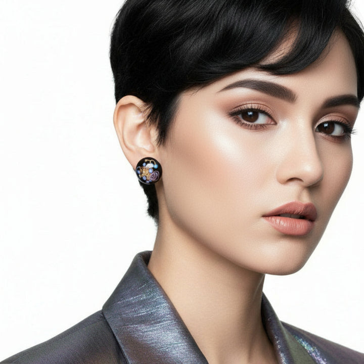 1950s Vintage Black Fiorato Murano Wedding Cake Screw-back Earrings.