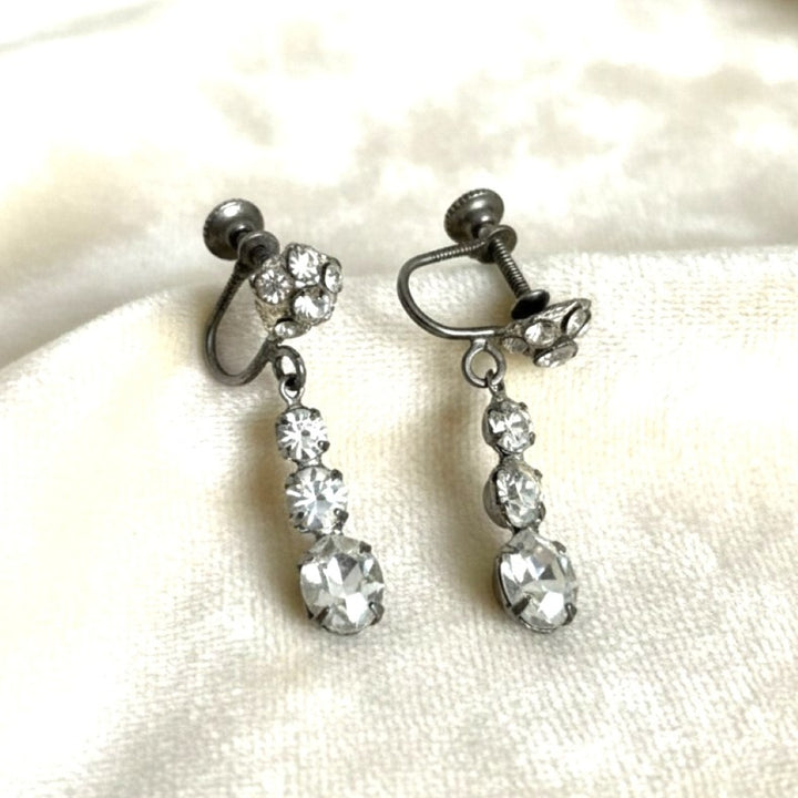 1950s Dangling Rhinestone Earrings - Screwback