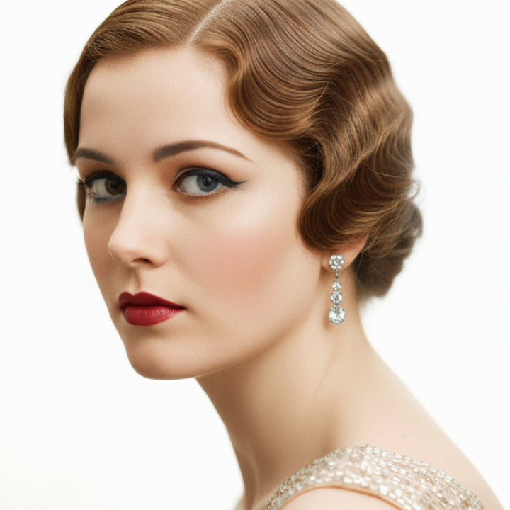 Woman with vintage-style hairwearing 1950s Vintage Gatsby Party Vintage Rhinestone Dangling Drop Earrings a white background