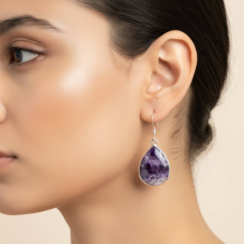 Vintage Purple Chevron Amethyst Sterling Silver Dangling Pierced Earrings, Gemstone Jewelry.