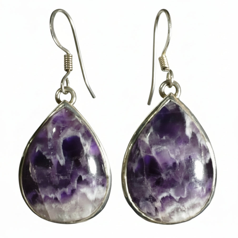 Vintage Purple Chevron Amethyst Sterling Silver Dangling Pierced Earrings, Gemstone Jewelry.