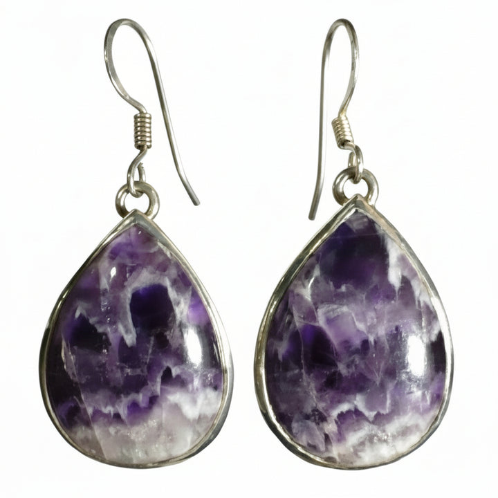 Vintage Purple Chevron Amethyst Sterling Silver Dangling Pierced Earrings, Gemstone Jewelry.