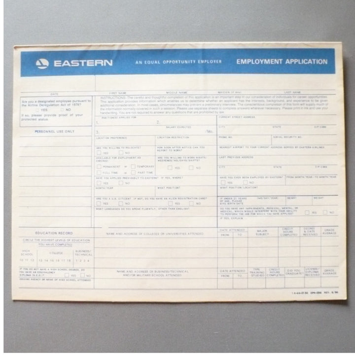 1984 Eastern Airlines Employment Application Booklet.
