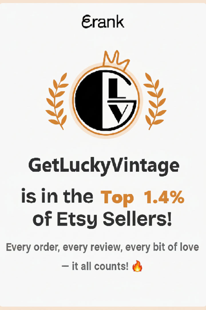 Erank promotional graphic for GetLuckyVintage on Etsy, featuring a logo and text about being in the top 1.4% of sellers.