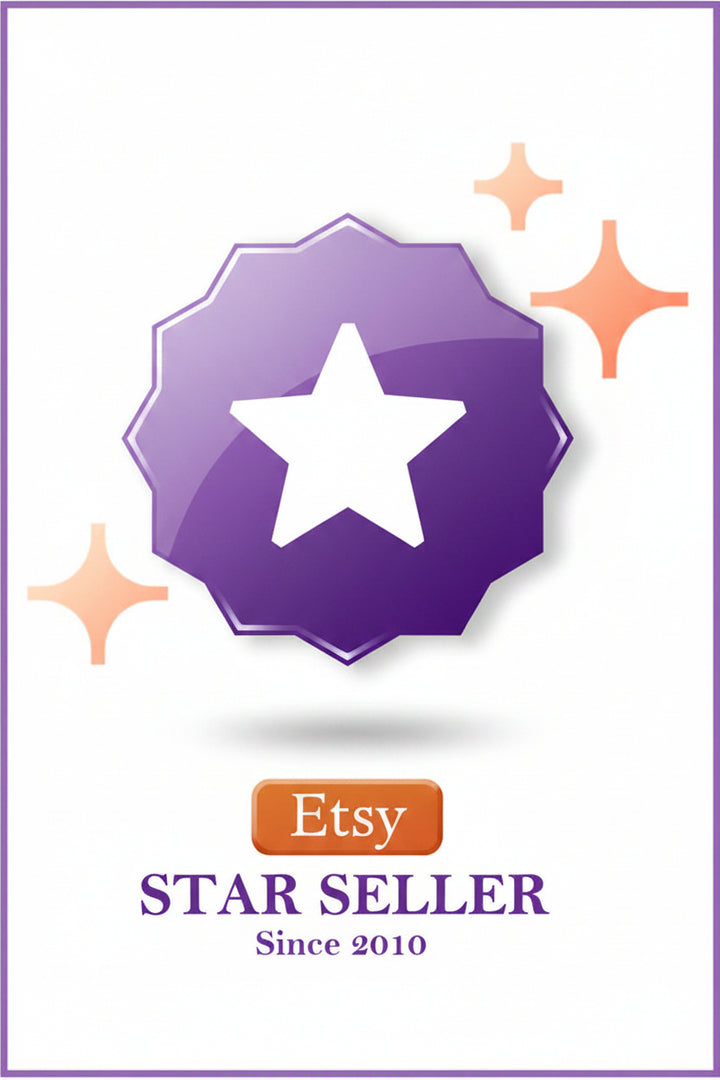 Etsy Star Seller badge graphic on a white background with decorative sparkles and the text 'Etsy STAR SELLER Since 2010'.