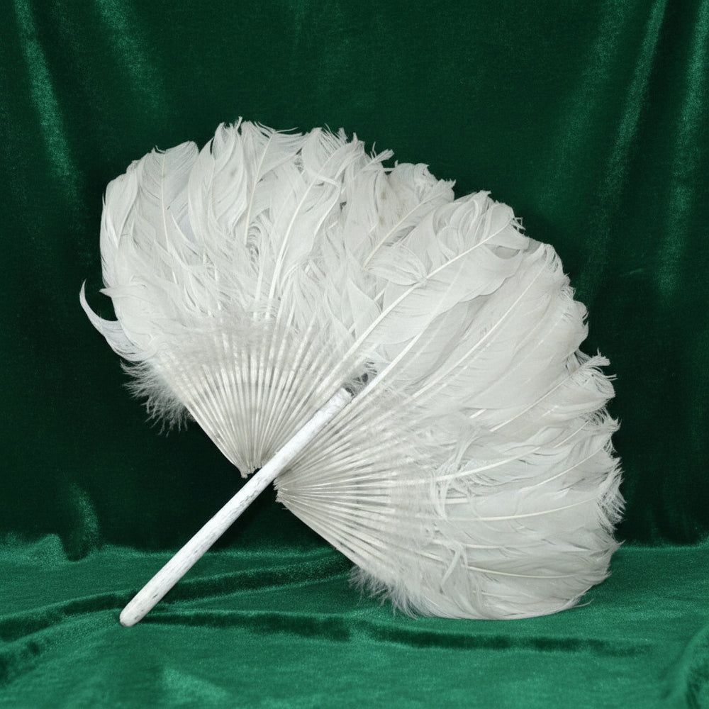 Antique 1910s Zhuge Liang Yu-Shan White Feather Fan Bamboo Stem Handle with green velvet background.