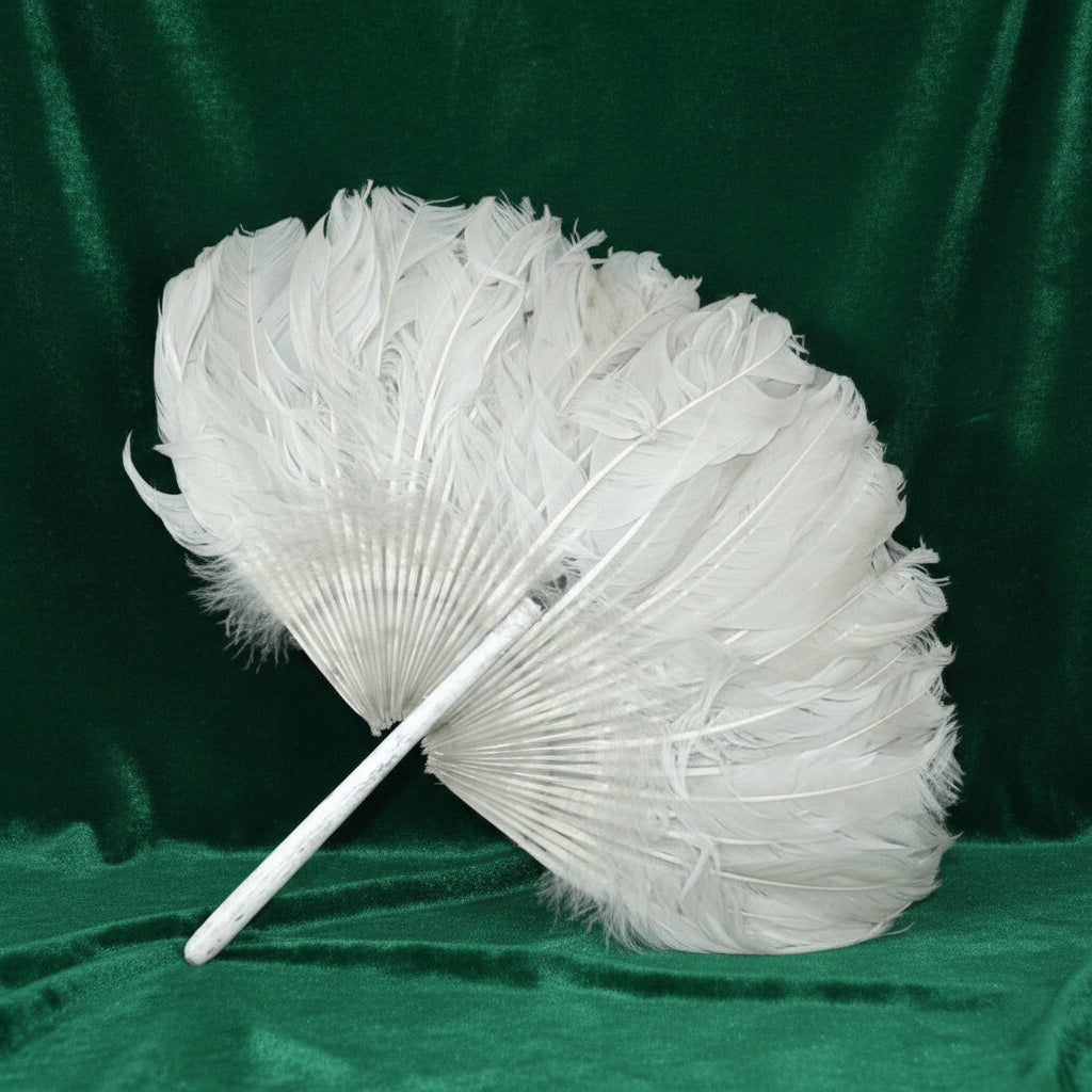 Antique 1910s Zhuge Liang Yu-Shan White Feather Fan Bamboo Stem Handle with green velvet background.