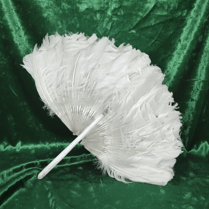 Antique 1910s Zhuge Liang Yu-Shan White Feather Fan Bamboo Stem Handle with green velvet background.