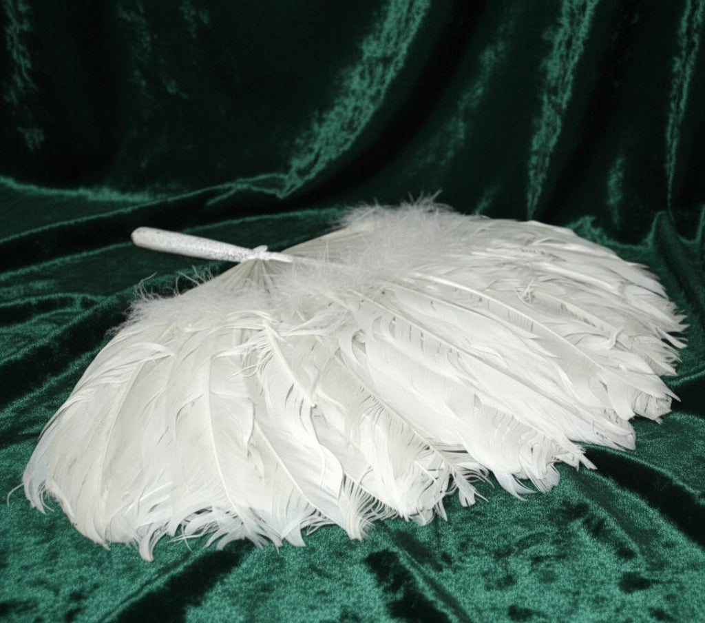 Antique 1910s Zhuge Liang Yu-Shan White Feather Fan Bamboo Stem Handle with green velvet background.