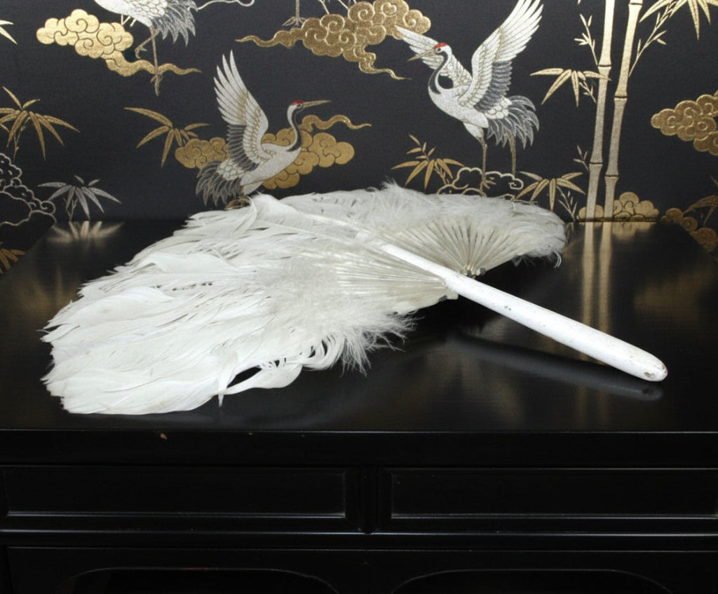 White feather duster Antique 1910s Zhuge Liang Yu-Shan White Feather Fan Bamboo Stem Handle  with decorative background