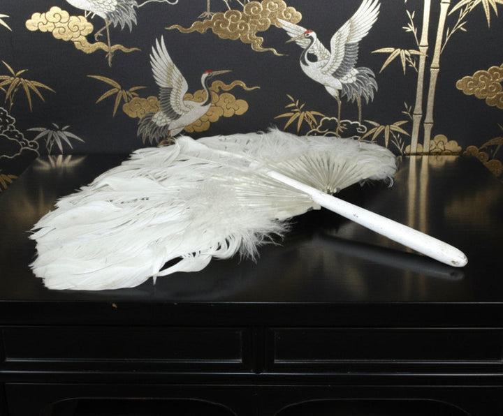 White feather duster Antique 1910s Zhuge Liang Yu-Shan White Feather Fan Bamboo Stem Handle  with decorative background