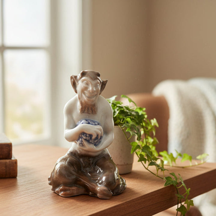 1922 Faun with Grapes by Ferdinand Liebermann for Rosenthal figurine in home setting.