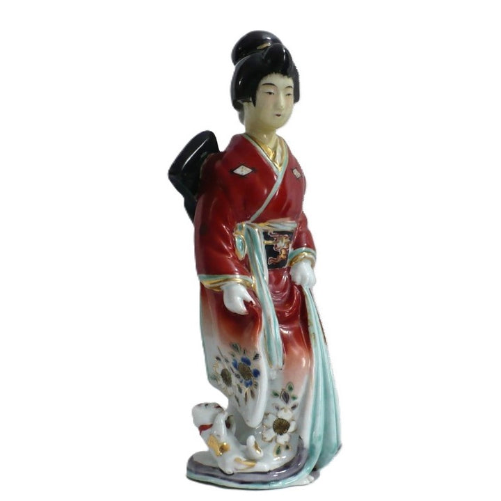 1920s Apprentice Geisha & Cat Kutani Okimono Table Figurine by H. Senda