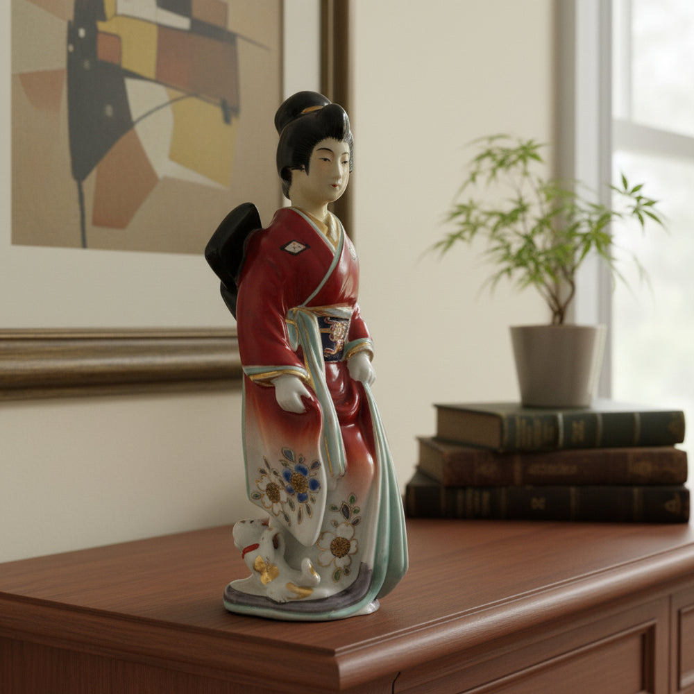 Taishō-Era Kutani Maiko Geisha Figurine: Signed H. Senda Komatsu Japan Porcelain Statue.