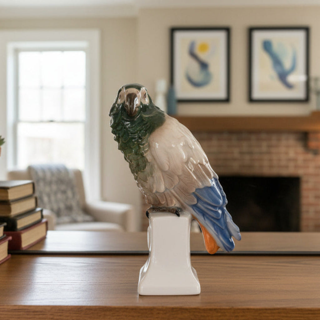Decorative 1919 Moldenhauer for Rosenthal Parrot, Porcelain Figurine, 7" in a living room setting