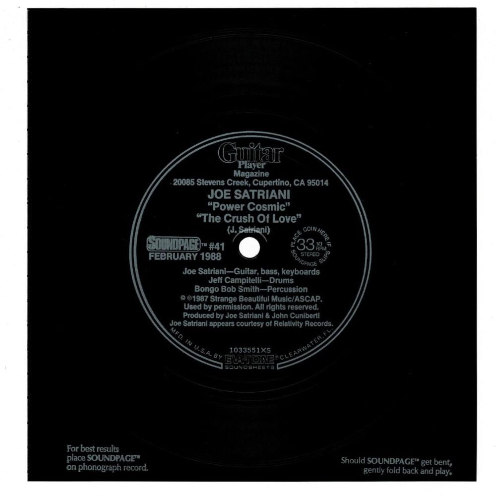 A black square-shaped vinyl flexi-disc with label information and text, featuring music by Joe Satriani and Steve Vai.