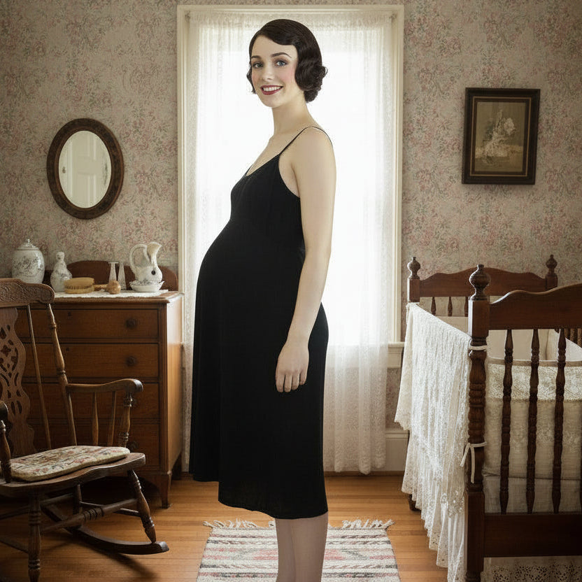 Woman in a ntique maternity slip standing in a baby's room with wooden furniture and framed pictures.