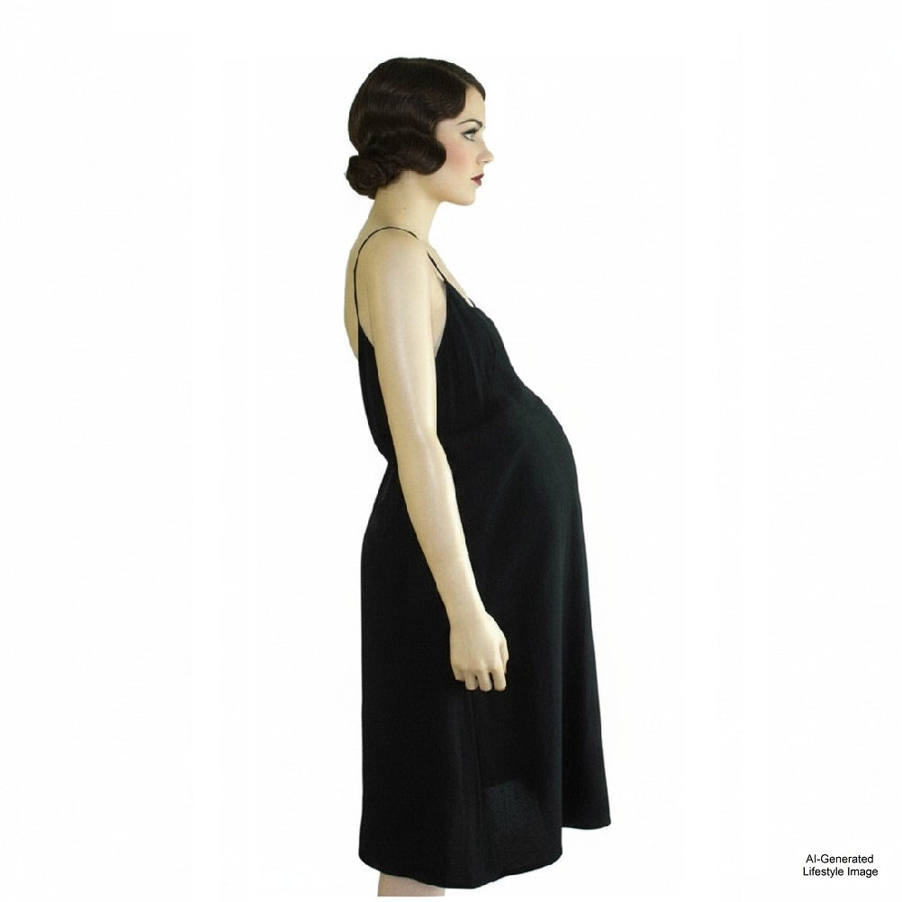 1910s-1920s Vintage Rare Black Silk Maternity Slip  displayed on AI altered mannequin to show a retro woman's face.