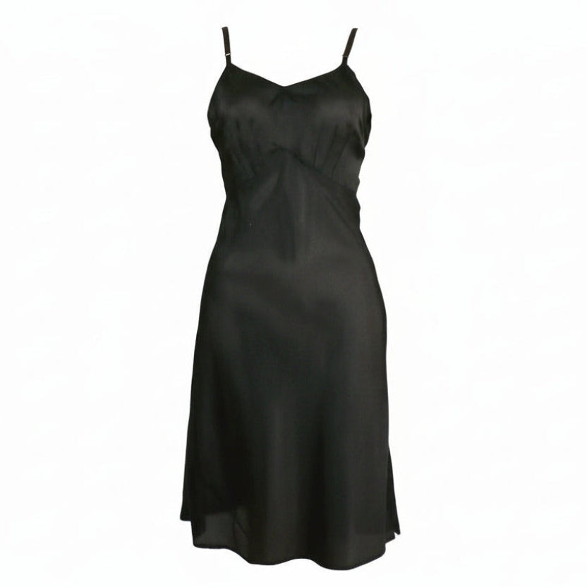 1930s Vintage Midnight Black Parachute Silk Nylon Full Slip Size Small on a white background