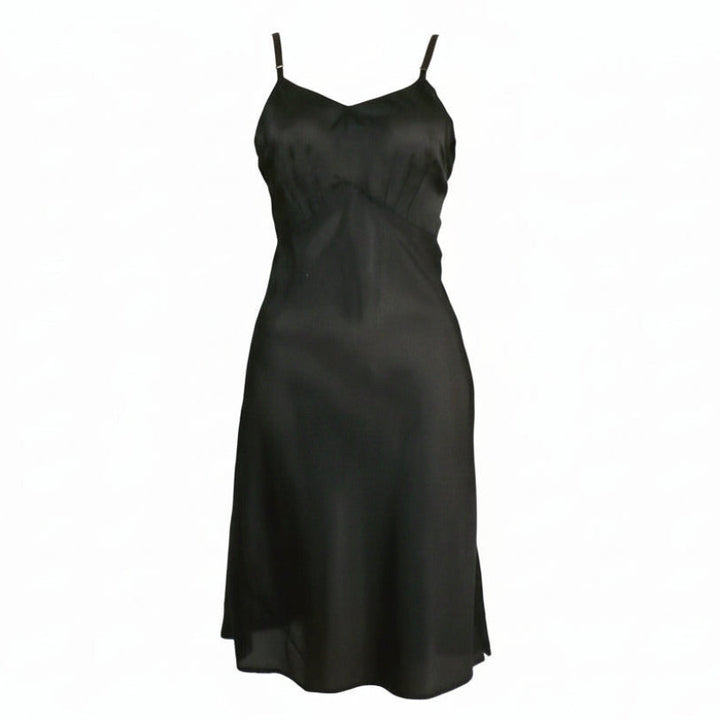 1930s Vintage Midnight Black Parachute Silk Nylon Full Slip Size Small on a white background