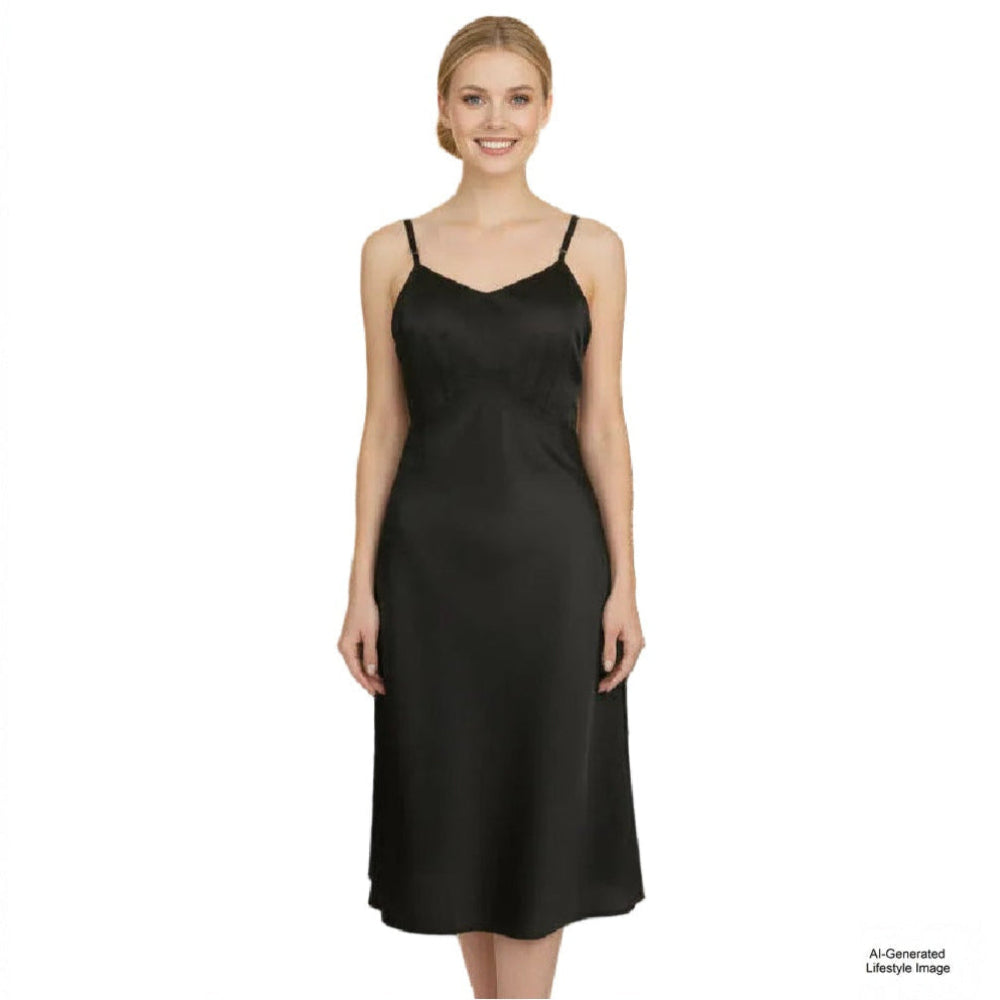 1930s Black "Parachute Silk" Full Slip (Size: Small) shown on AI generated lifestyle model.