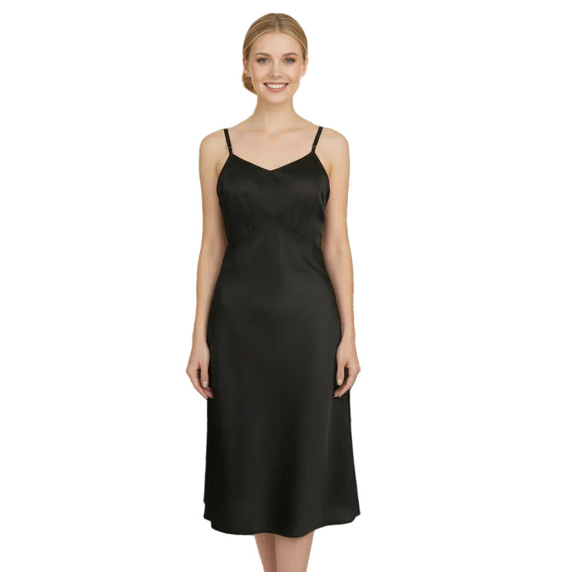 Woman wearing a 1930s vintage 1930s Vintage Midnight Black Parachute Silk Nylon Full Slip Size Small nylon full slip on a white background