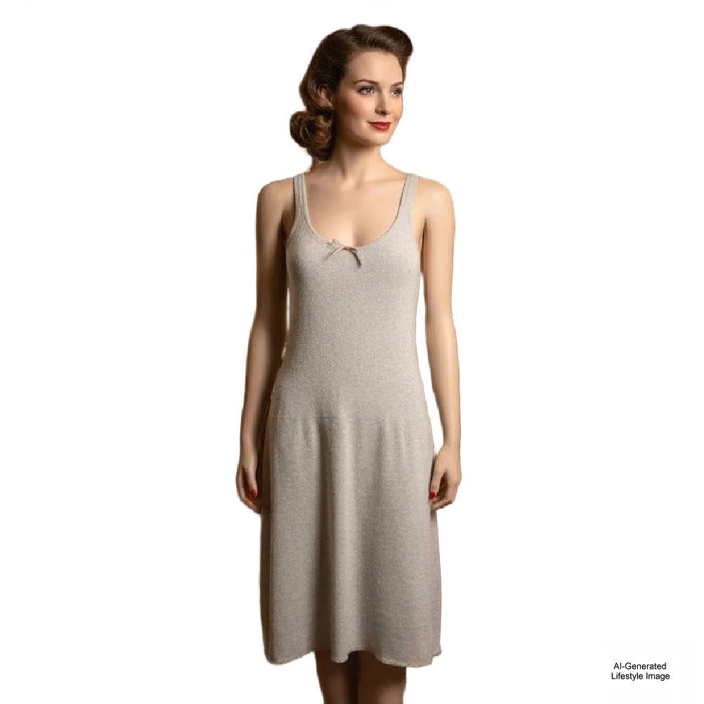 1940s Vintage Wartime Indera Figurefit Knit Cotton Summer Full Slip., AI generated model replaces mannequin.