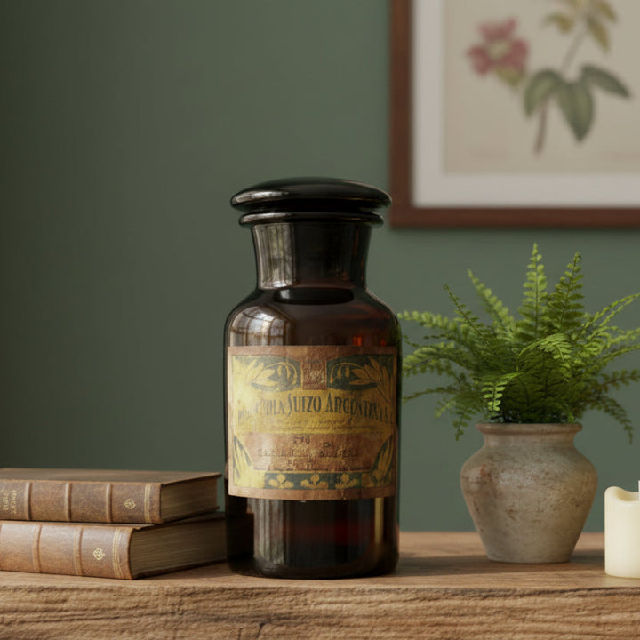 19th-century hand-blown amber glass apothecary jar with label on a wooden surface with books and a plant in the background.
