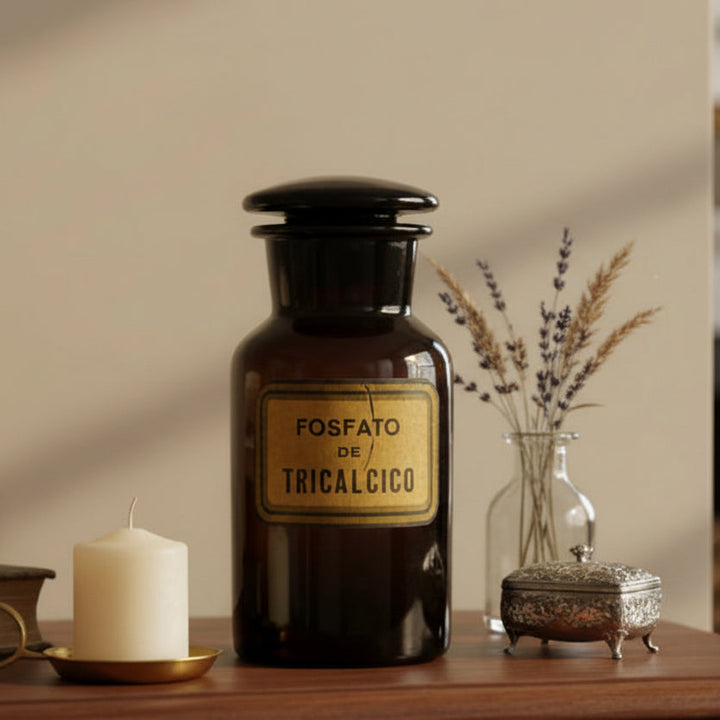 19th c. Argentinian Tricalcium Phosphate Apothecary Jar, Fospato de Tricalcico Brown handblown Glass Jar and Stopper on a wooden surface with decorative items.