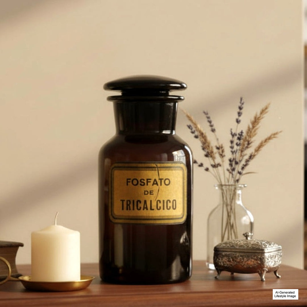 1930 Amber Fosfato de Tricalcico Apothecary Jar lifestyle image, displayed on shelf.