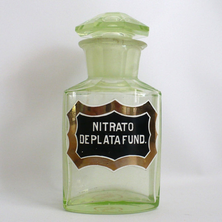 1916 Antique Uranium Glass Apothecary Bottle Medicine Jar Silver Nitrate