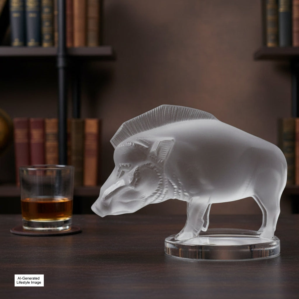 Sanglier Bouchon de Radiateur: Wild Boar Car Mascot by Lalique on desk top Ai generated lifestyle image.