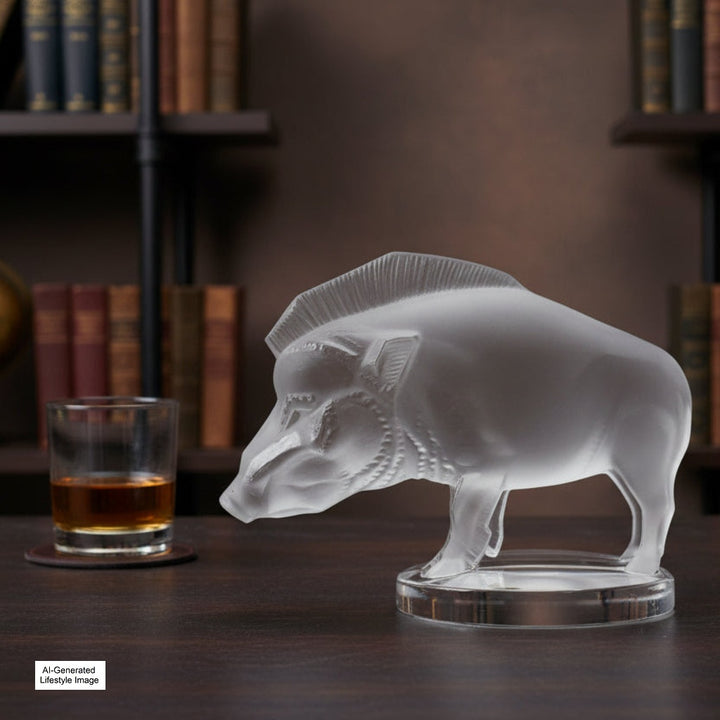 Sanglier Bouchon de Radiateur: Wild Boar Car Mascot by Lalique on desk top Ai generated lifestyle image.