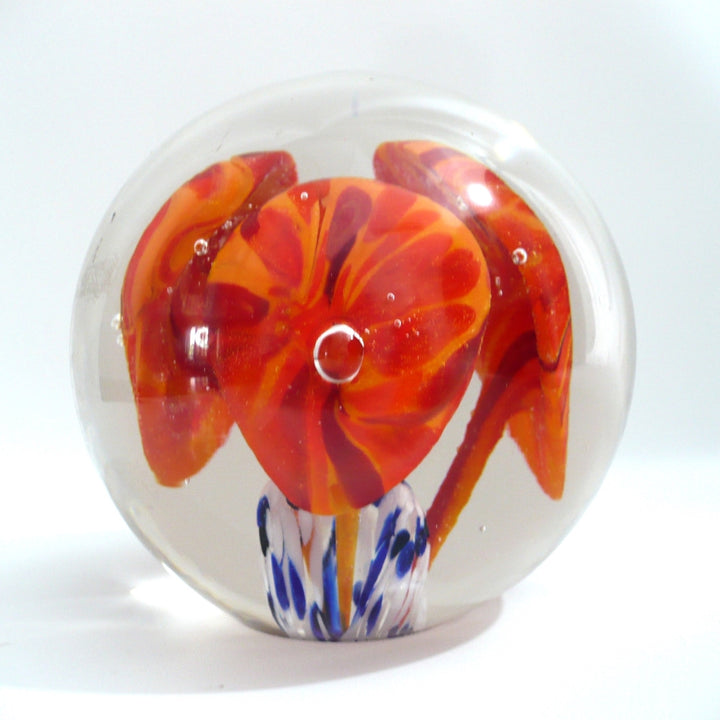 Mid-Century Flamingo Flower Bouquet Vintage Art Glass Paperweight