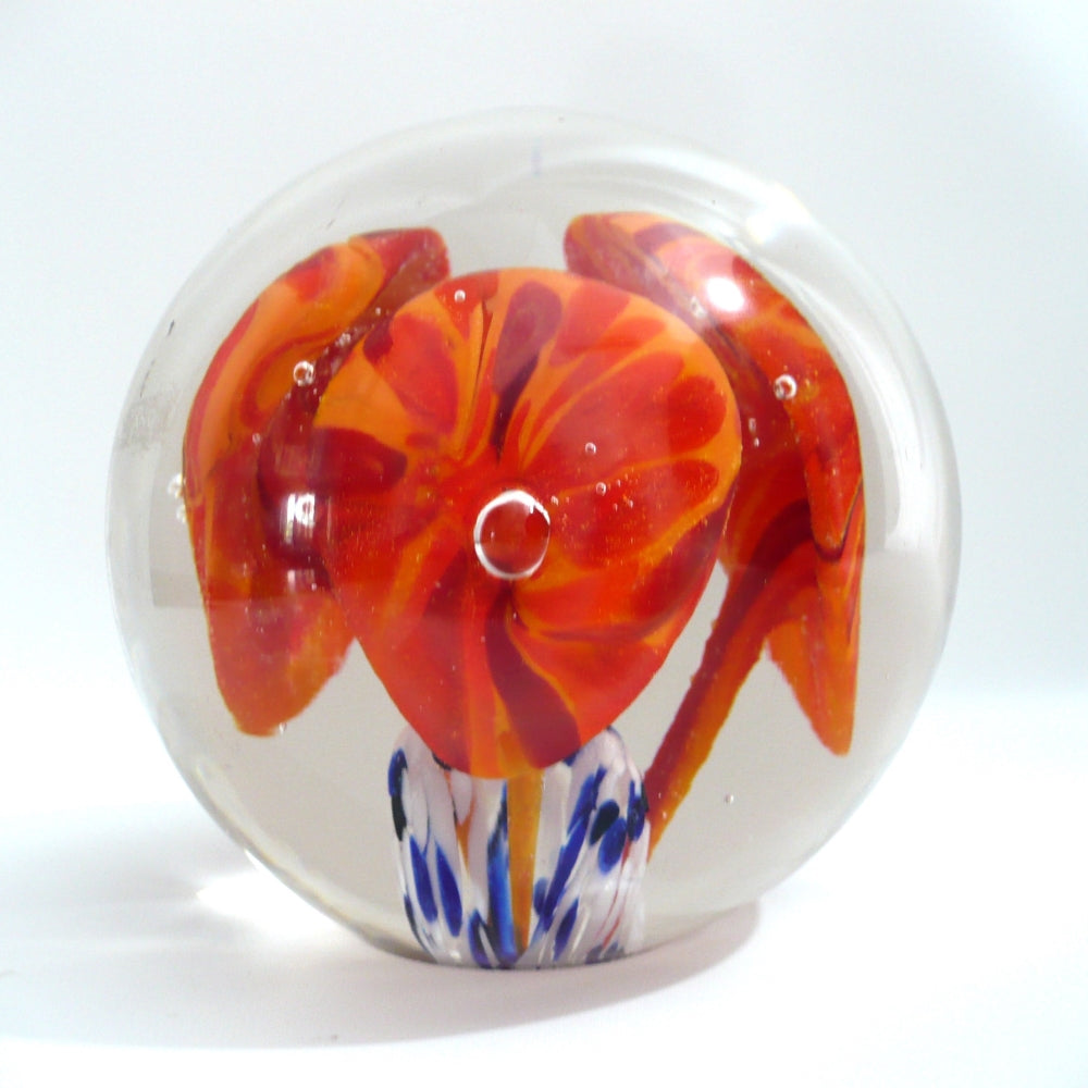 Mid Century Flamingo Flower Bouquet Vintage Art Glass.Paperweight.