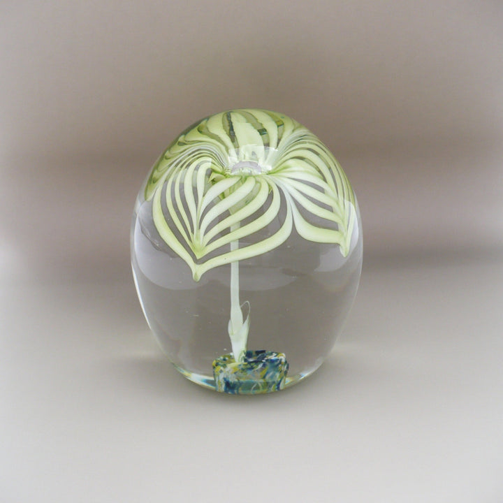 A clear glass paperweight featuring a hand-blown design of a green and pale yellow striped heart-shaped flower with a white stem and a small blue-green patterned base, set against a neutral gray background. 1960s Cristaleria Querandi Paperweight.