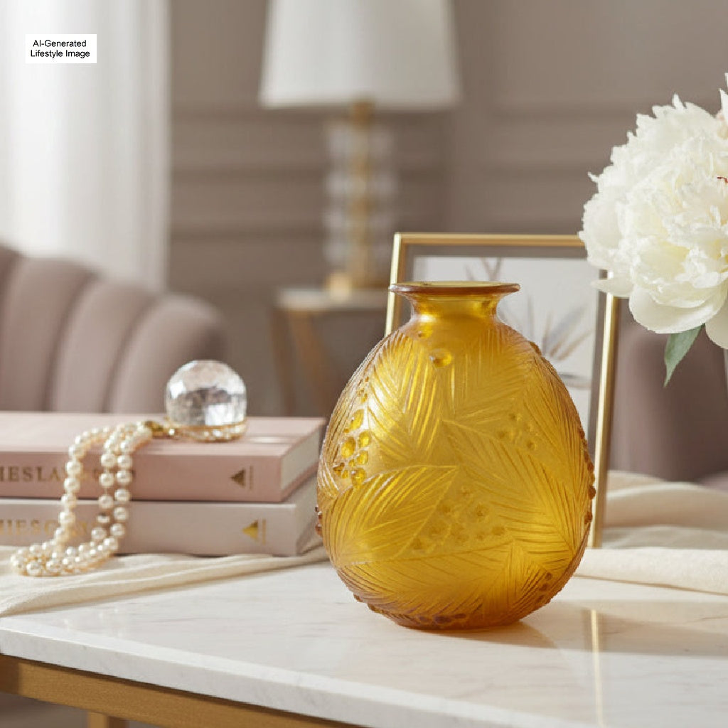Ai-generated lifestyle image of 1930s Art Deco Sabino France Amber Glass Vase on a table with books and a lamp in the background.