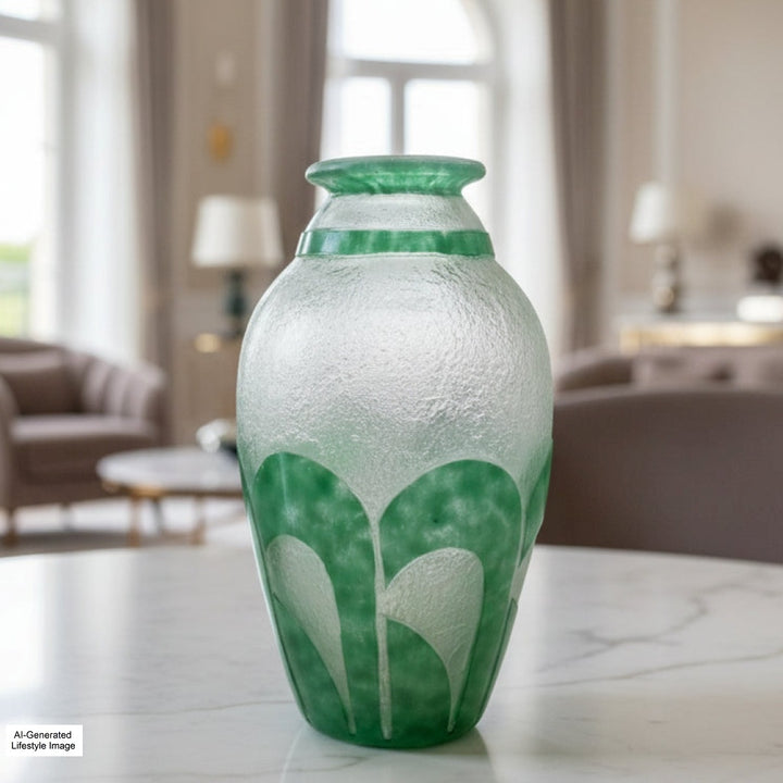 Ai-generated lifestyle image of 1920 Degué Art Deco Table Vase in a luxury setting with blurred out background.