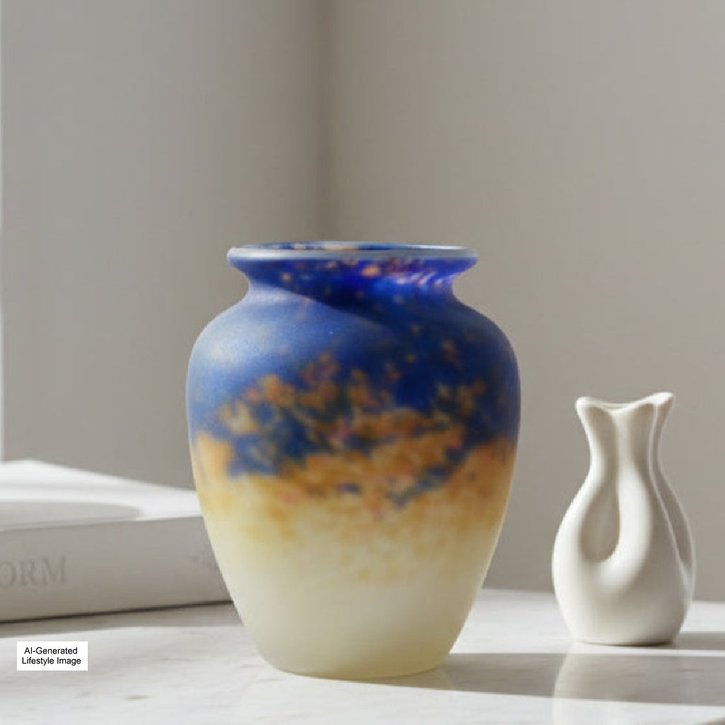Ai-generated lifestyle imafe of 1920 Muller Frères Lunéville Cabinet Vase on a luxury setting.